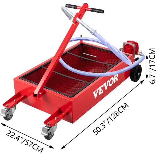 Low Profile Oil Drain Pan, Large Capacity Gallon Oil Drain Tank with Manual Pump, Hose, Heavy-Duty Wheels & Folding