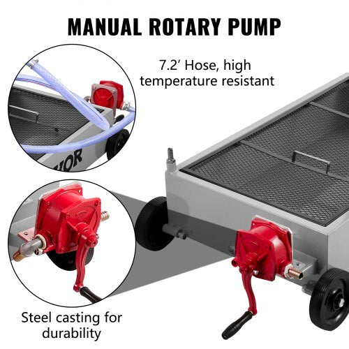 Low Profile Oil Drain Pan, Heavy-Duty Oil Change Tank with Manual Pump, Hose, Swivel Wheels for SUV, Truck, Car