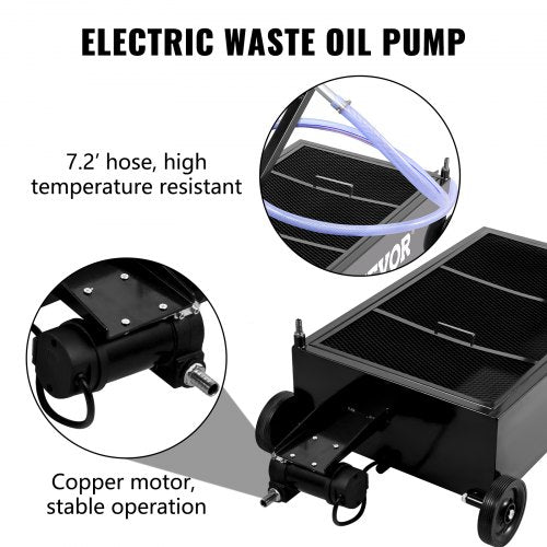 Oil Drain Pan Gallon Low Profile Oil Drain Tank with Pump, Hose, Foldable Handle & Swivel Casters, Large Capacity