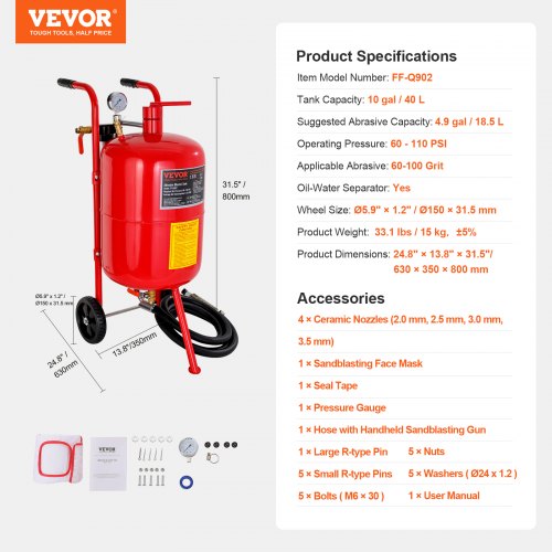 10Gal40L Sandblaster Kit HeavyDuty Power Sand Blaster W Grit Nozzles Pressure Gauge 7