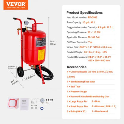 10Gal40L Sandblaster Kit HeavyDuty Power Sand Blaster W Grit Nozzles Pressure Gauge 7