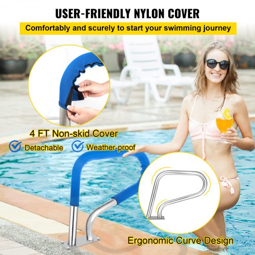Stainless Steel Pool Handrail 250LBS Load Capacity Rustproof Silver Pool Railing With Blue Grip Cov 2