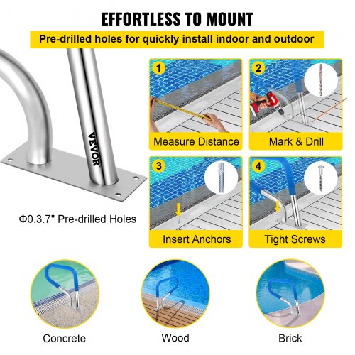 Stainless Steel Pool Handrail 250LBS Load Capacity Rustproof Silver Pool Railing With Blue Grip Cov 4