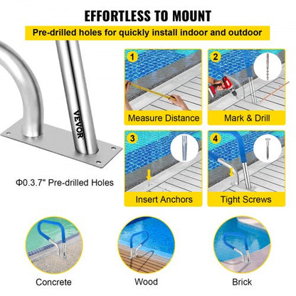 Stainless Steel Pool Handrail 250LBS Load Capacity Rustproof Silver Pool Railing With Blue Grip Cov 4
