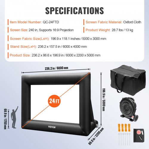 24ft Inflatable Movie Screen Outdoor Theater Projector Screen With 360W Blower  HeavyDuty Oxford Fa 7