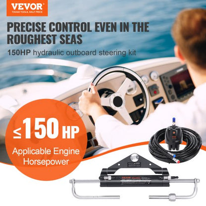 Hydraulic Outboard Steering Kit, Marine Boat Steering System with Pump, Cylinder, High-Pressure Hoses, for Single Engine
