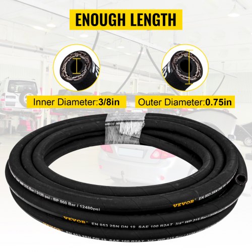 100 ft Coiled Hydraulic Hose 3/8 Inch, 4800 PSI High-Pressure Rubber Hydraulic Hose with 2 Steel Wire Braid