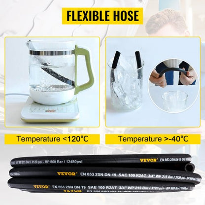 100 ft Coiled Hydraulic Hose 3/8 Inch, 4800 PSI High-Pressure Rubber Hydraulic Hose with 2 Steel Wire Braid