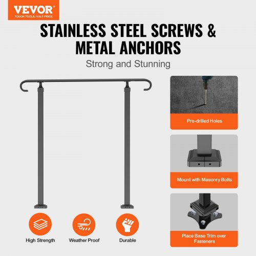 Front Porch Hand Rail HeavyDuty Wrought Iron Stair Railing Adjustable For 13 Steps Weatherproof 2