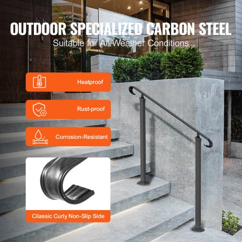 Front Porch Hand Rail HeavyDuty Wrought Iron Stair Railing Adjustable For 13 Steps Weatherproof 3