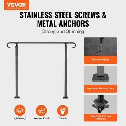 Outdoor Stair Railing For 13 Steps HeavyDuty Wrought Iron Handrail With Decorative Curl Design 2