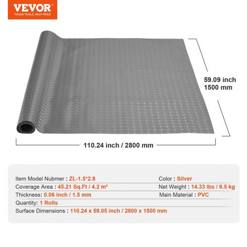 VEVOR Garage Floor Mat 49x92 Ft Vinyl Garage Flooring Roll AntiSlide Diamond Texture Silver Garage  7