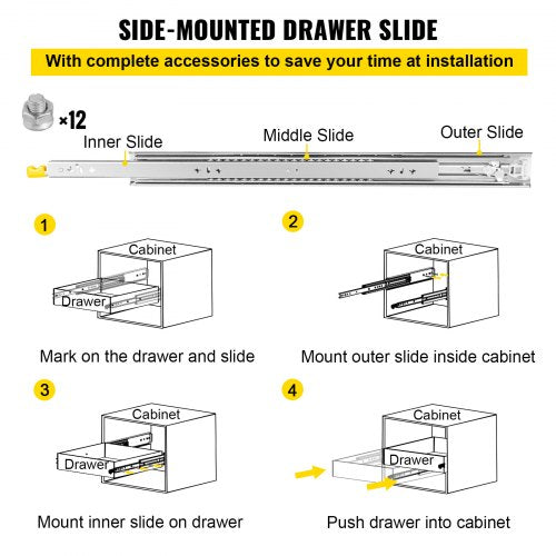 Heavy Duty Drawer Slides Locking, 250LBS Capacity, Cold-Rolled Steel Section Full Extension Drawer Slides