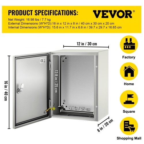NEMA Steel Electrical Box, IP Rated Waterproof & Dustproof Junction Enclosure with Lock, Hinge & Mounting Plate