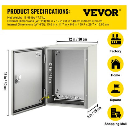 NEMA Steel Electrical Box, IP Rated Waterproof & Dustproof Junction Enclosure with Lock, Hinge & Mounting Plate