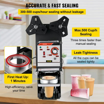 SemiAutomatic 300500 Cuph Tea Cup Sealer Machine Black Boba Cup Sealing Machine For 9095mm Bubble M 3