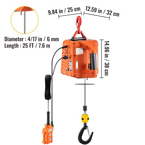 Electric Hoist Winch, Portable Winch Crane with Lift, Wire & Wireless Remote Control, Safety Overload Protection