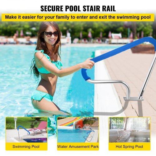 Pool Rail Stainless Steel Railing, Heavy-Duty 250LBS Pool Handrail with Anti-Slip Blue Grip & Complete Mounting Kit