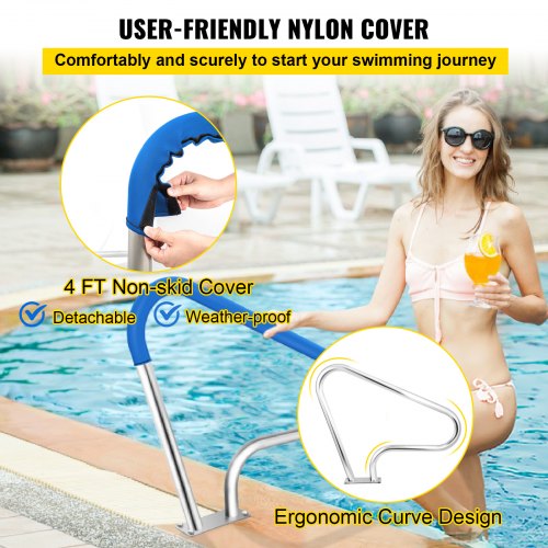 Pool Rail Stainless Steel Railing, Heavy-Duty 250LBS Pool Handrail with Anti-Slip Blue Grip & Complete Mounting Kit