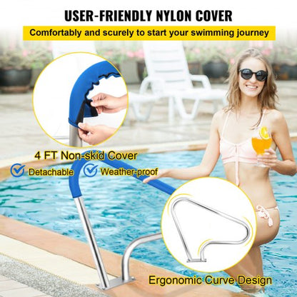 Pool Rail Stainless Steel Railing, Heavy-Duty 250LBS Pool Handrail with Anti-Slip Blue Grip & Complete Mounting Kit