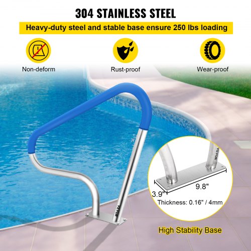Pool Rail Stainless Steel Railing, Heavy-Duty 250LBS Pool Handrail with Anti-Slip Blue Grip & Complete Mounting Kit