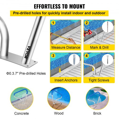 Pool Rail Stainless Steel Railing, Heavy-Duty 250LBS Pool Handrail with Anti-Slip Blue Grip & Complete Mounting Kit