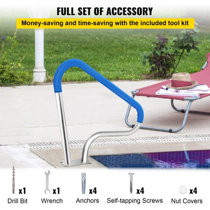 Pool Rail Stainless Steel Railing, Heavy-Duty 250LBS Pool Handrail with Anti-Slip Blue Grip & Complete Mounting Kit