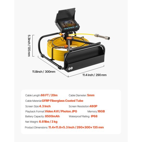 Sewer Camera, Screen Pipeline Inspection Camera w/DVR Function & Waterproof IP68 Borescope Snake Cable