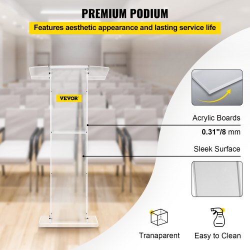Acrylic Podium for Church, Thick Plexiglass Lectern with Table, Clear Acrylic Pulpit for Recital, Speech