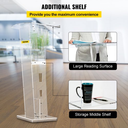 Acrylic Podium for Church, Thick Plexiglass Lectern with Table, Clear Acrylic Pulpit for Recital, Speech