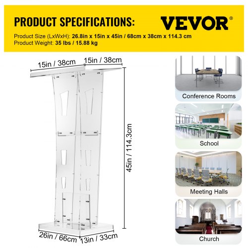 Acrylic Podium for Church, Thick Plexiglass Lectern with Table, Clear Acrylic Pulpit for Recital, Speech