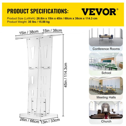 Acrylic Podium for Church, Thick Plexiglass Lectern with Table, Clear Acrylic Pulpit for Recital, Speech