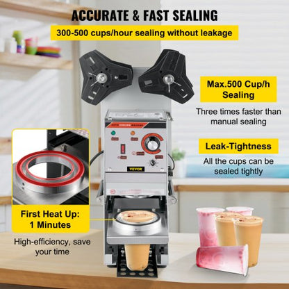 Semi-Automatic Cup Sealing Machine, Boba Tea Cup Sealer with Adjustable Tray for Milk Tea & Smoothies