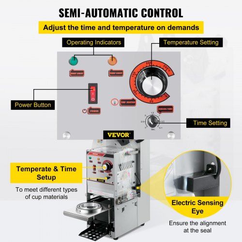 Semi-Automatic Cup Sealing Machine, Boba Tea Cup Sealer with Adjustable Tray for Milk Tea & Smoothies