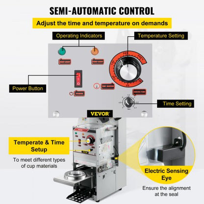 Semi-Automatic Cup Sealing Machine, Boba Tea Cup Sealer with Adjustable Tray for Milk Tea & Smoothies