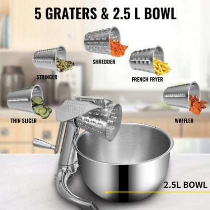 Manual Cheese Mandoline w/ Cutting Cone, Zinc Alloy Rotary Vegetable Mandoline with Bowl & Suction Base, Rotary Shredder