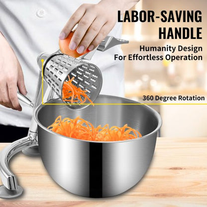 Manual Cheese Mandoline w/ Cutting Cone, Zinc Alloy Rotary Vegetable Mandoline with Bowl & Suction Base, Rotary Shredder