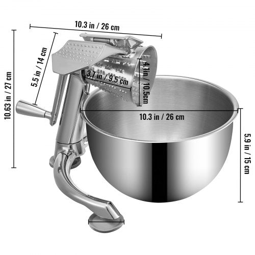 Manual Cheese Mandoline w/ Cutting Cone, Zinc Alloy Rotary Vegetable Mandoline with Bowl & Suction Base, Rotary Shredder