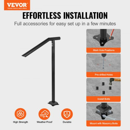 Iron Stair Handrail, Step Railing, Black Powder-Coated Sturdy Outdoor Indoor Safety Railing with Floor Mount