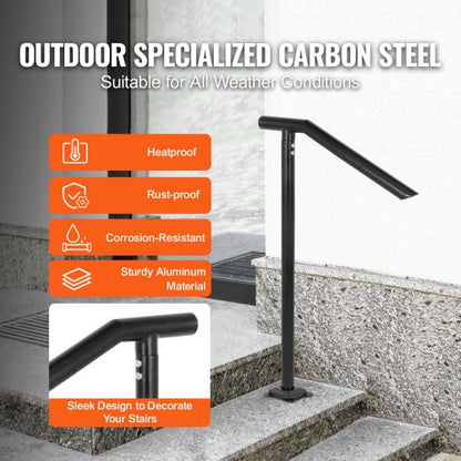 Iron Stair Handrail, Step Railing, Black Powder-Coated Sturdy Outdoor Indoor Safety Railing with Floor Mount