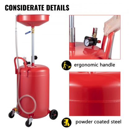 Waste Oil Drain Tank, Portable Air Operated Oil Drainer with Adjustable Funnel, Pressure Regulating Valve