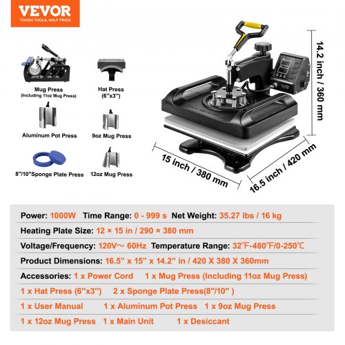12x15 8in1 Heat Press Machine Digital Sublimation Printer With 360 SwingAway DualTube Heating 7