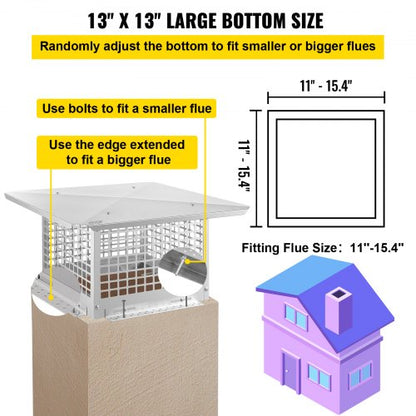 304 Stainless Steel Chimney Cap 13x13 Adjustable Fireplace Cover With Mesh  Metal Spark Arrestor Fo 3