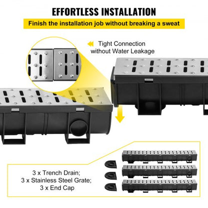 Trench Drain System with Steel Grate, Heavy-Duty HDPE Channel Drain for Garage, Garden, Driveway