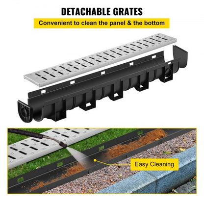 Trench Drain System with Steel Grate, Heavy-Duty HDPE Channel Drain for Garage, Garden, Driveway