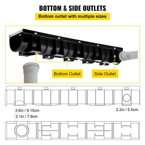Trench Drain System with Steel Grate, Heavy-Duty HDPE Channel Drain for Garage, Garden, Driveway