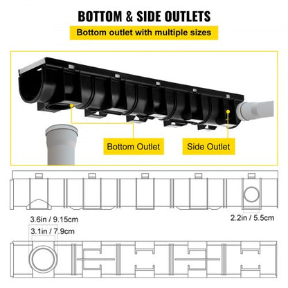 Trench Drain System with Steel Grate, Heavy-Duty HDPE Channel Drain for Garage, Garden, Driveway