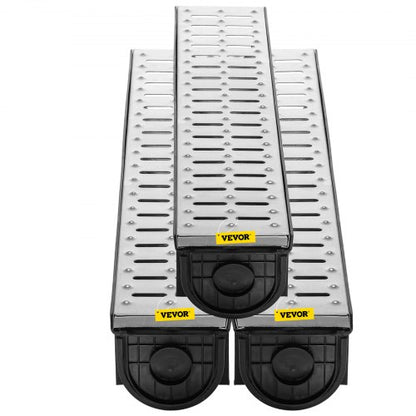 Trench Drain System with Steel Grate, Heavy-Duty HDPE Channel Drain for Garage, Garden, Driveway