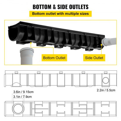 Channel Drain with Plastic Grate, HDPE Trench Drain System for Garden, Driveway, Garage, or Patio, Plastic Floor Drain