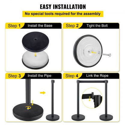 Crowd Control Stanchion Set, Retractable Black Belts & Stable Weighted Bases, Durable Queue Barrier System